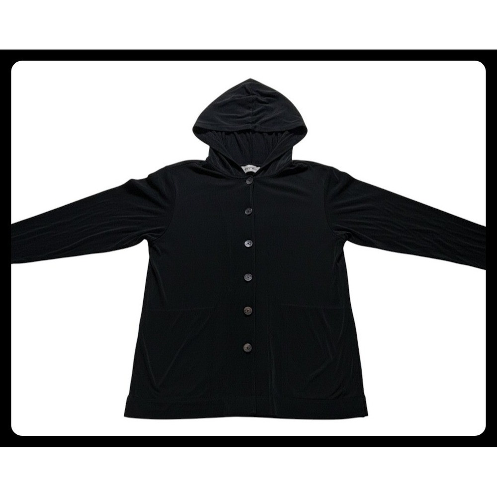 Chico's Travelers Cardigan Hooded Jacket Women Size 1 Black Button Front Stretch